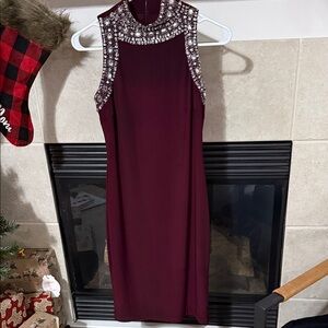 SLNY Burgundy Embellished Midi Dress